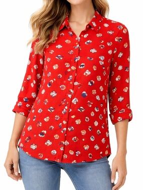 John Mark | Anthropologie Seaside Dog 100% Silk Red Button Front Long Sleeve Top